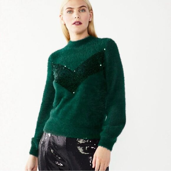 Nine West x Cara Santana Sweater Sequin Fuzzy Teal Green XXL Pullover - Picture 2 of 13